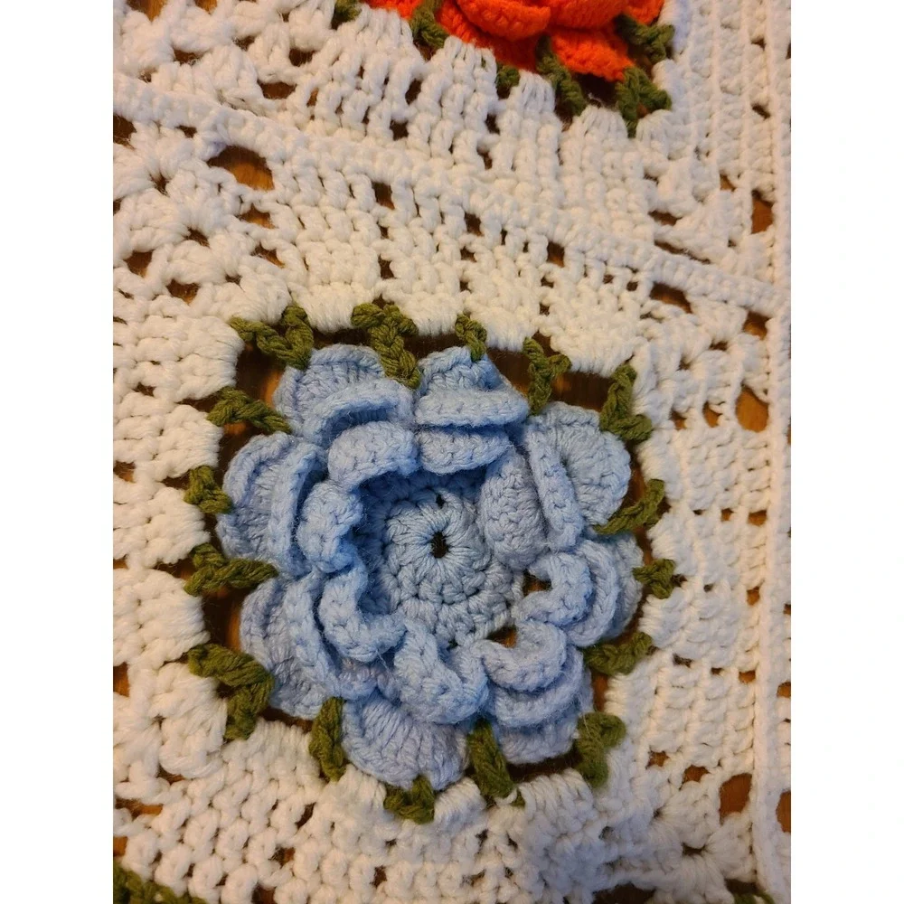 Handmade Vintage Crochet Afghan Colorful 3D Rose Motifs on a White Background